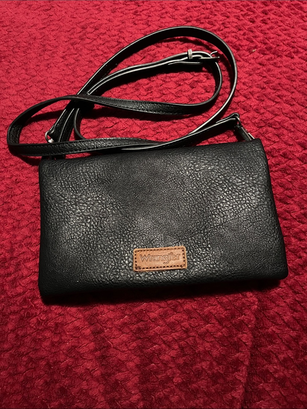 Wrangler Black Textured Leatherette Crossbody with Brown Logo Patch NWOT